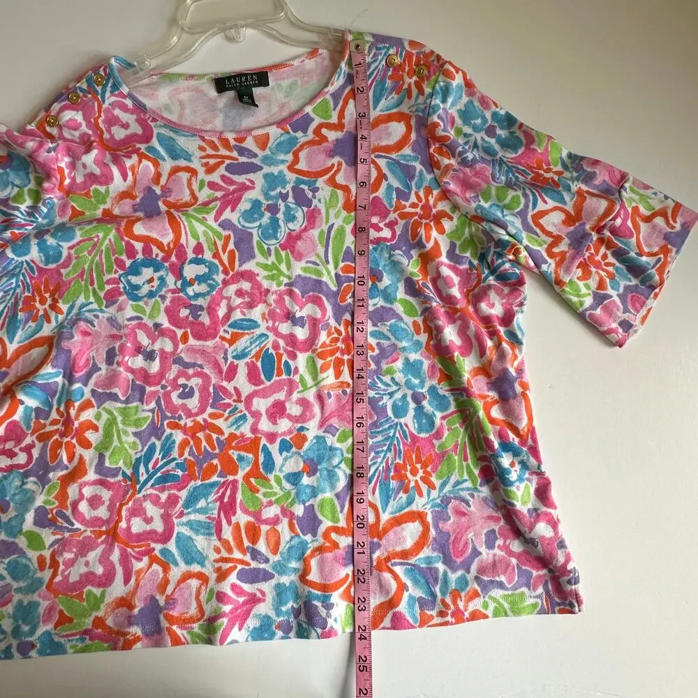 Lauren Ralph Lauren Artsy Floral Top Womens Size 3X Colorful 3/4 Sleeve Knit Tee